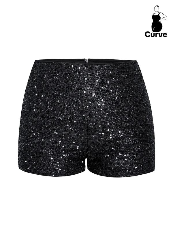 Plus Size Glitter Sequins Shorts, Summer Clothes Women, Spring Fashion Zipper Skinny Shorts for Club Party Night Out Street, Ladies Bottoms for Summer