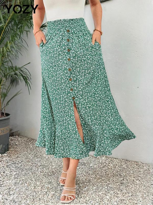 Yozy [2 colors] Boho Ditsy Floral Print Split Skirt, Frilled Elastic Waist Button Decor Skirt, 2024 Women's Daily Bottoms for All Seasons