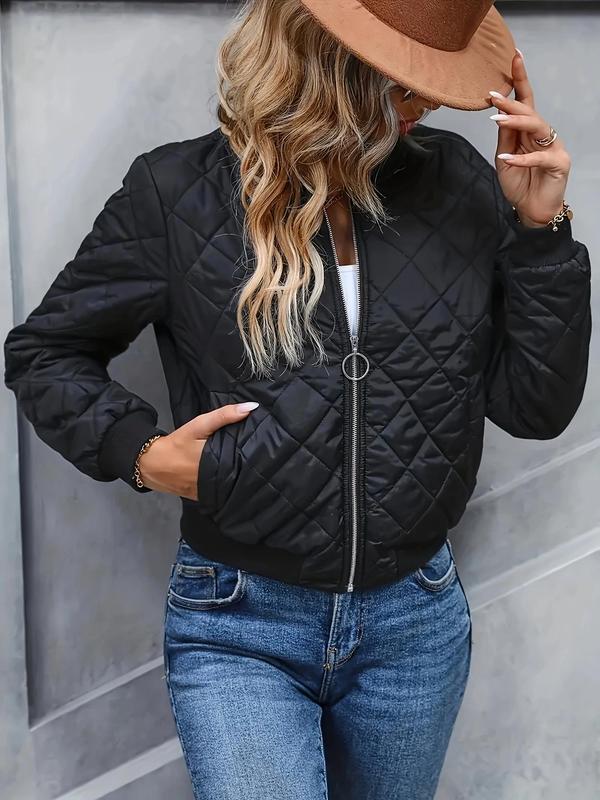 Women's Solid Quilted Pocket Zip Up Jacket, Casual Long Sleeve Stand Collar Outerwear for Fall & Winter, Ladies Clothes for Daily Wear