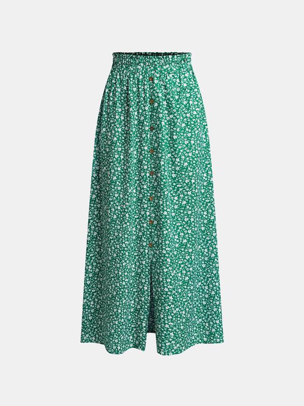 Yozy [2 colors] Boho Ditsy Floral Print Split Skirt, Frilled Elastic Waist Button Decor Skirt, 2024 Women's Daily Bottoms for All Seasons