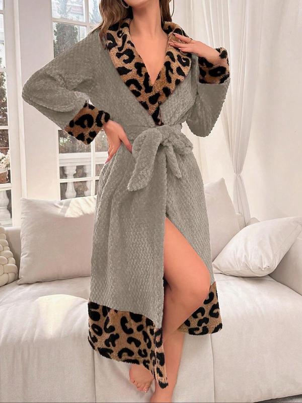 Women's Leopard Patchwork Print Belted Bathrobe, Casual Long Sleeve Dressing Gown for Fall & Winter, Women's Sleepwear for Indoor Wear