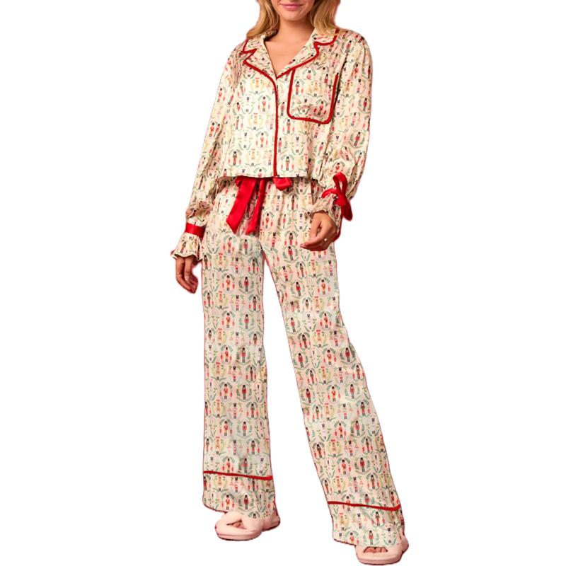 Christmas Bow Tie Front Pajamas for Women Cute Print Long Sleeve Shirts Pants Two Pieces Xmas Satin Pjs Loungewear Sets