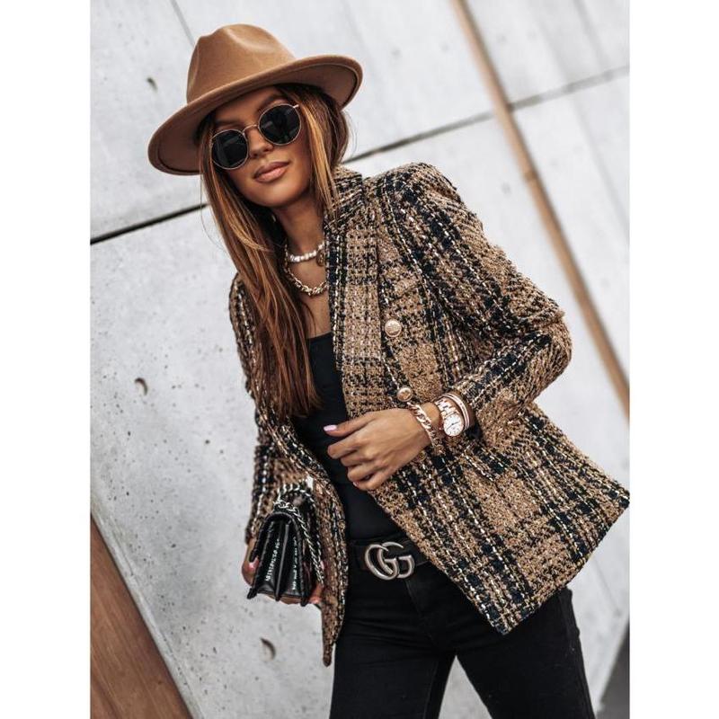 Womens Tartan Blazers Suit Long Sleeve Lapel Collar Jacket Double Breast Houndstooth Suit Tops for Work Office