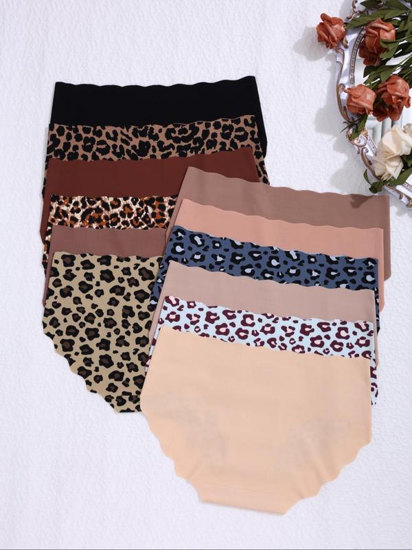 Women's Solid Color & Leopard Print Scallop Trim Panty, Soft Comfy Breathable Seamless Knicker for Daily Wear, Women's Underwear for All Seasons