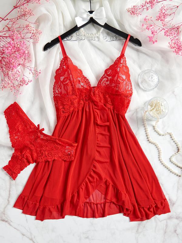 Women's Floral Lace Sheer Cami Nightdress & Bow Front Thong Sexy Lingerie Set, Adjustable Spaghetti Strap Ruffle Hem Nightgown & Panty, Women's Lingerie & Underwear Set for All Seasons