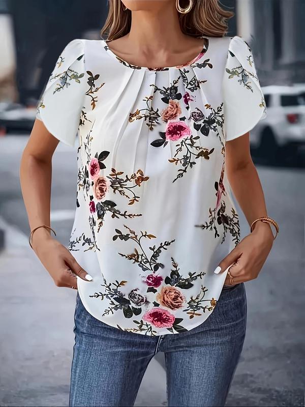 Women's Floral Print Petal Sleeve Blouse, Elegant Plicated Round Neck Top, Ladies Clothes for Daily Wear