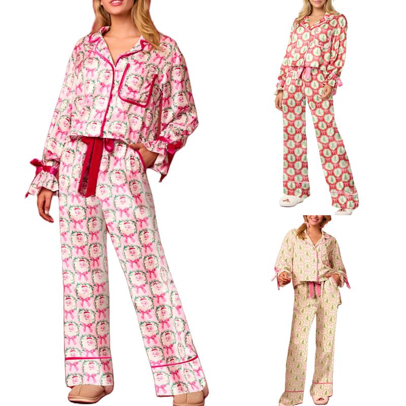 Christmas Bow Tie Front Pajamas for Women Cute Print Long Sleeve Shirts Pants Two Pieces Xmas Satin Pjs Loungewear Sets