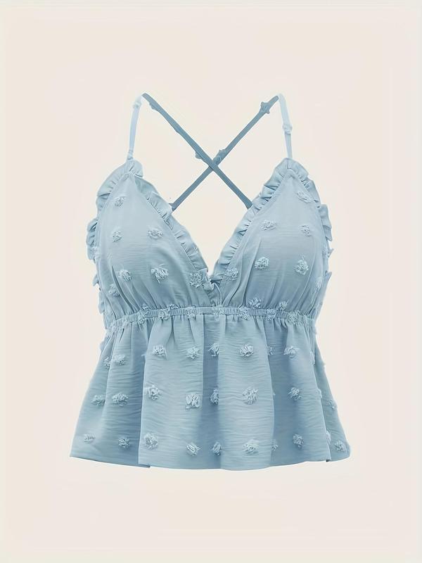 Women's Swiss Dot Frill Trim Criss Cross Backless Crop Cami Top, Street Fashion Casual Sleeveless Spaghetti Strap Peplum Top for Daily Outdoor Wear, Ladies Clothes for All Seasons