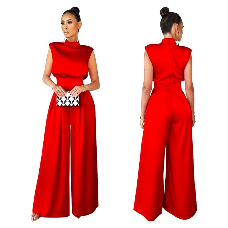 HS2149 2022 new fashion wide-leg pants solid color turtleneck sleeveless waist jumpsuit Womenswear Overalls