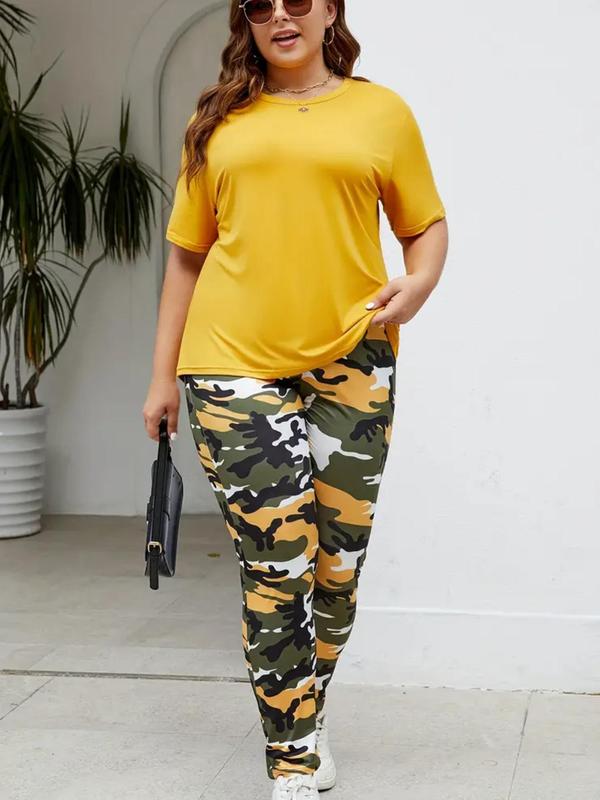  Women's Two-piece Set Solid Tee & Camo Print Elastic Waist Pants, Short Sleeve Round Neck T-shirt & Trousers for Daily Wear, Women's Two-piece Outfits for All Seasons, Black Girl Outfits