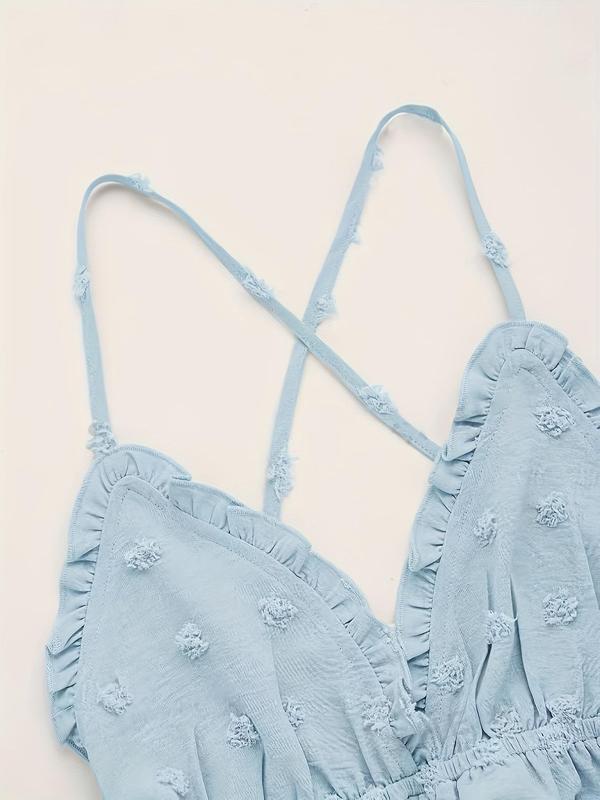 Women's Swiss Dot Frill Trim Criss Cross Backless Crop Cami Top, Street Fashion Casual Sleeveless Spaghetti Strap Peplum Top for Daily Outdoor Wear, Ladies Clothes for All Seasons