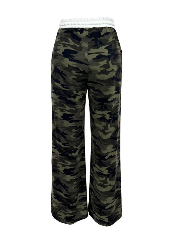 Women's Camo Print Drawstring Waist Wide Leg Pants, Casual Pocket Trousers for Fall & Winter, Women's Bottoms for Daily Wear