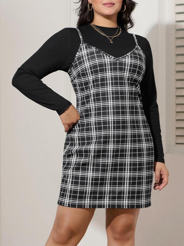 CURVZY Plus Size Plaid Print Cami Dress & Long Sleeve Top Set, Casual Fashion Cozy Two-piece Outfits for Daily Outdoor Wear, Women Plus Clothing for All Seasons