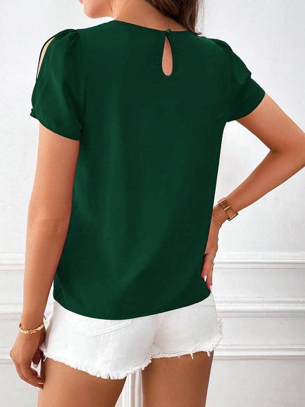 Women's Plain Cut Out Short Sleeve Blouse, Elegant Keyhole Neckline Top for Summer, Ladies Clothes for Daily Wear, Summer Tops 2024