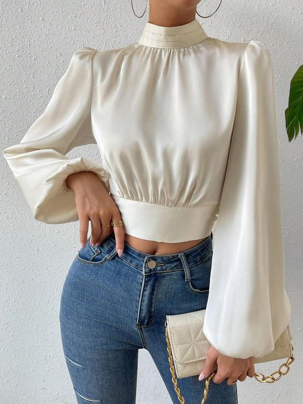 Women's Plain Cut Out Tie Back Satin Crop Blouse, Elegant Mock Neck Lantern Sleeve Top for Fall, Women's Clothing for Daily Wear