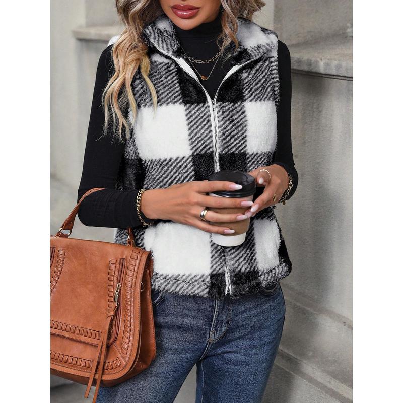 Luna Aurora   Buffalo Plaid Pattern Zipper Teddy Vest Jacket