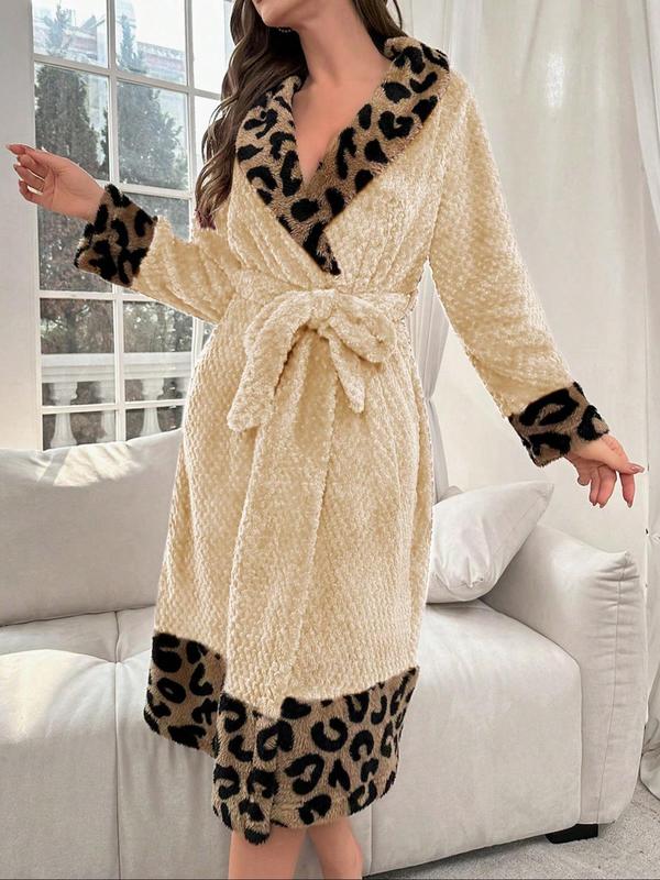 Women's Leopard Patchwork Print Belted Bathrobe, Casual Long Sleeve Dressing Gown for Fall & Winter, Women's Sleepwear for Indoor Wear