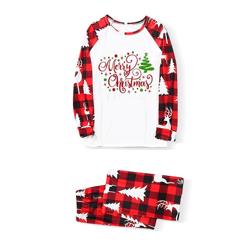 Christmas Family Pajamas Matching Set, Long Sleeve Letters Print T-shirt with Plaid Pants Sleepwear Loungewear