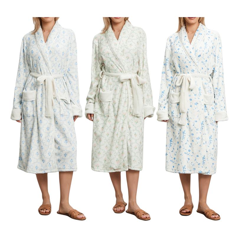 Women Ladies Girls Winter Kimono Bathrobe Floral Print Warm Long Sleeve Spa Night Robe with Belt for Soft Pajama Outfit Cotton Womenswear