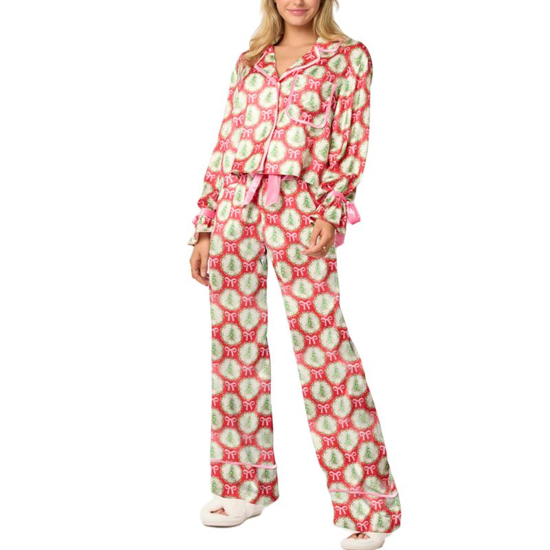 Christmas Bow Tie Front Pajamas for Women Cute Print Long Sleeve Shirts Pants Two Pieces Xmas Satin Pjs Loungewear Sets