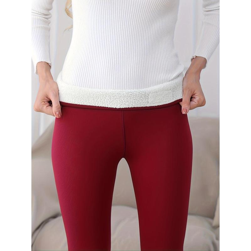 1pc Cozy Polyester Fleece-Lined High-Waisted Leggings, Women's Solid Color Thermal Base Layer Tights with Embroidery Detail for Autumn and Winter