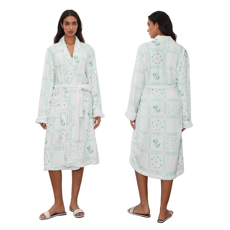 Women Ladies Girls Winter Kimono Bathrobe Floral Print Warm Long Sleeve Spa Night Robe with Belt for Soft Pajama Outfit Cotton Womenswear