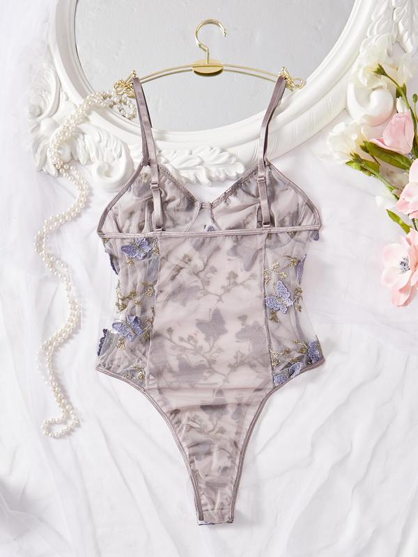 Women's Butterfly Embroidery Lace Up Sheer Tulle Sexy Bodysuit, Elegant Sexy Adjustable Strap Lingerie Bodysuit, Women Sexy Underwear for All Seasons