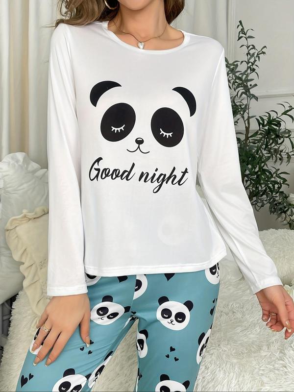 Two-piece Set Women's Cartoon Panda Print Tee & Elastic Waist Pants Pyjama, Casual Comfy Round Neck Long Sleeve T-shirt & Trousers Pj Set, Women's Sleepwear for Spring & Fall