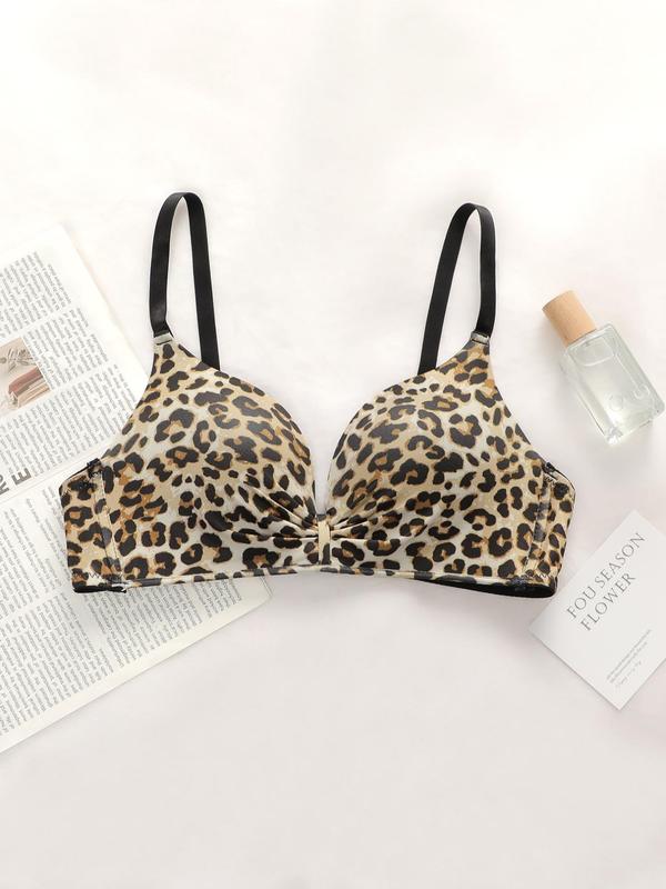 Women's Leopard Print Ruched Adjustable Strap Push Up Bra, Casual Soft Comfortable Breathable Wireless Bralette For Daily Wear, Women's Lingerie Top For All Seasons