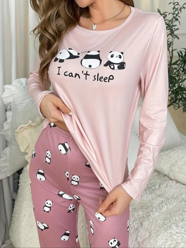 Two-piece Set Women's Cartoon Panda Print Tee & Elastic Waist Pants Pyjama, Casual Comfy Round Neck Long Sleeve T-shirt & Trousers Pj Set, Women's Sleepwear for Spring & Fall