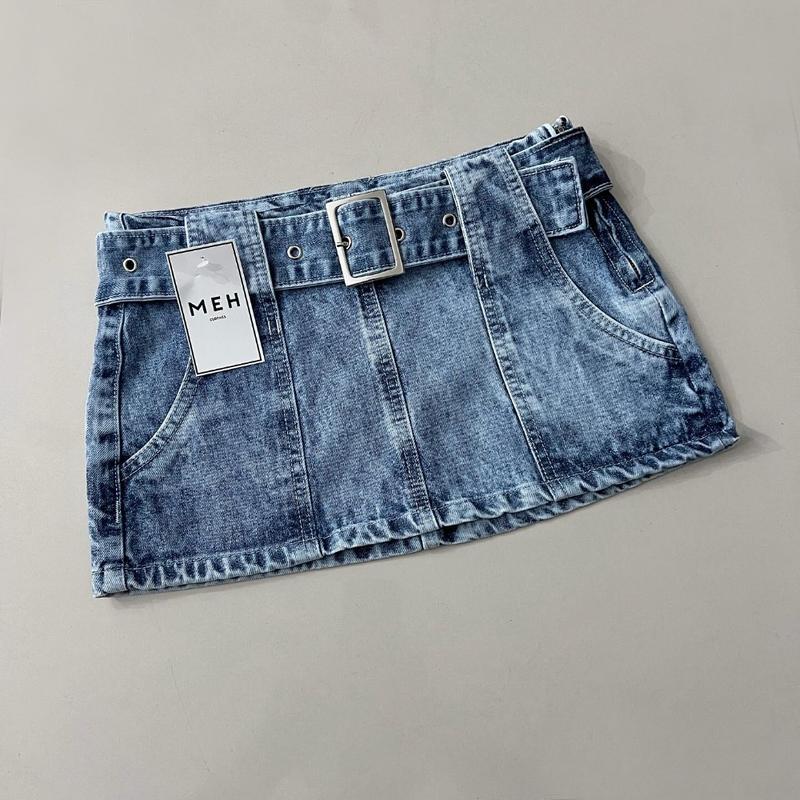 Y2K Blue Denim Skirt Harajuku Casual Low Waist Mini Sexy Hip Skirt Gothic Adjustable Fake Belt Solid Color Skirt Womens Clothing