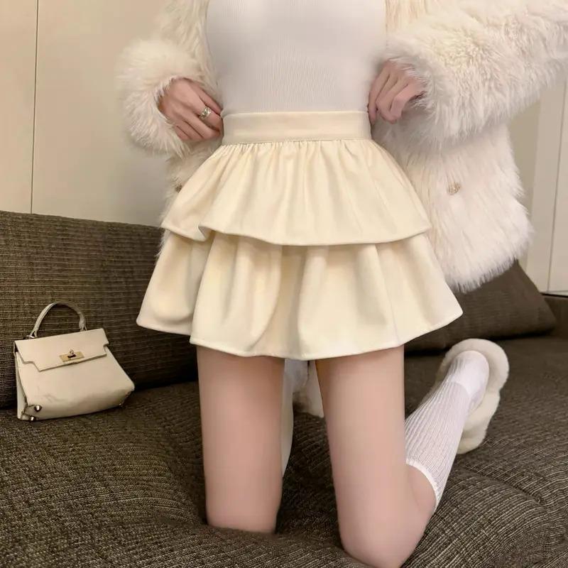 Preppy Style Women's Sweet Mini Skirt Elastic Waist Cute All-Match Cake Skirt Solid Trendy Skirt Shorts Autumn Casual Y2K Skirt2024