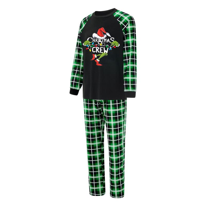 Christmas Pajamas For Family Christmas Family Pajamas Matching Set Letter Santa Hat Green Monster Print Long Sleeve Tops and Plaid Pants Sleepwear