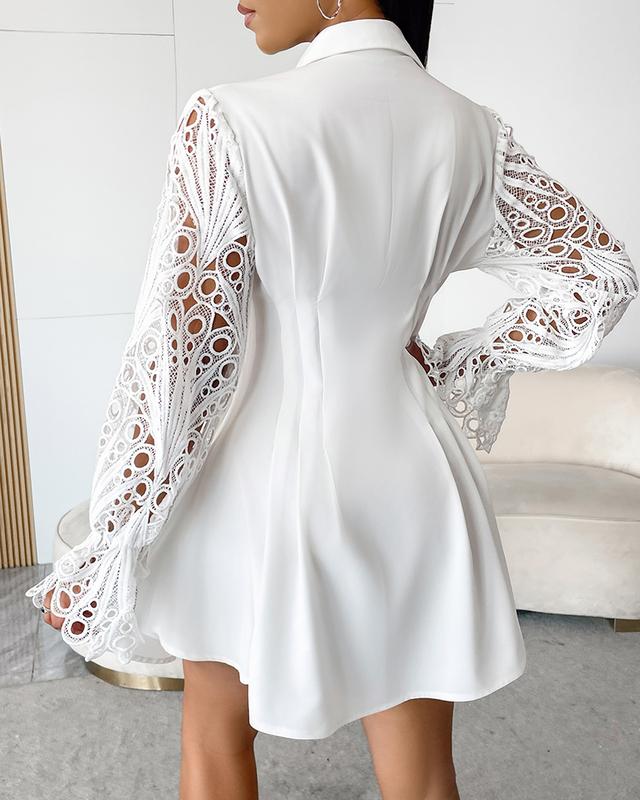 ChicMe Women A-Line Button Down Long Sleeve Shirt Dresses Turn-down Collar Eyelet Embroidery Casual Mini Dress Fit Womenswear