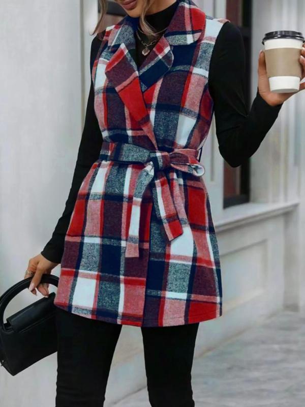 Women's Plaid Print Belted V Neck Waistcoat, Casual Fashion Comfy Gilet Coat for Daily Outdoor Wear, Women Clothes for Fall, Lady Fitted Vest Coat Womenswear, Back To School Outfit for Christmas, Halloween, Halloween Costume