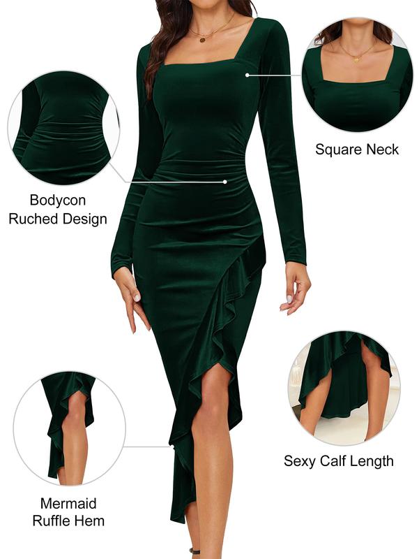 NASHALYLY Elegant Velvet Dress for Women,Sexy Long Sleeve Bodycon Mermaid Ruched Cocktail Party Wedding Square Neck Formal Womenswear Dress