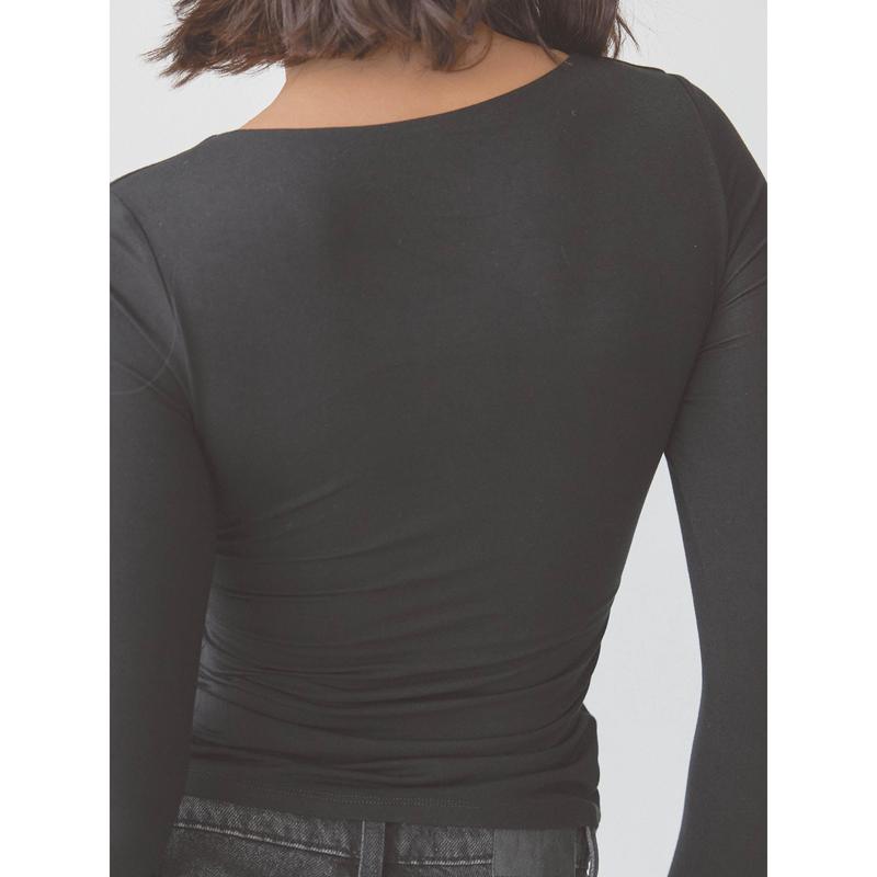 Solid Square Neck Braless Long Sleeve Women's Top