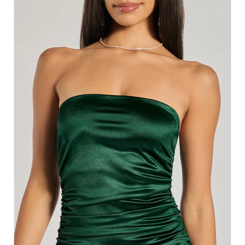 Luxe Sheen Strapless Ruched Satin Midi Dress