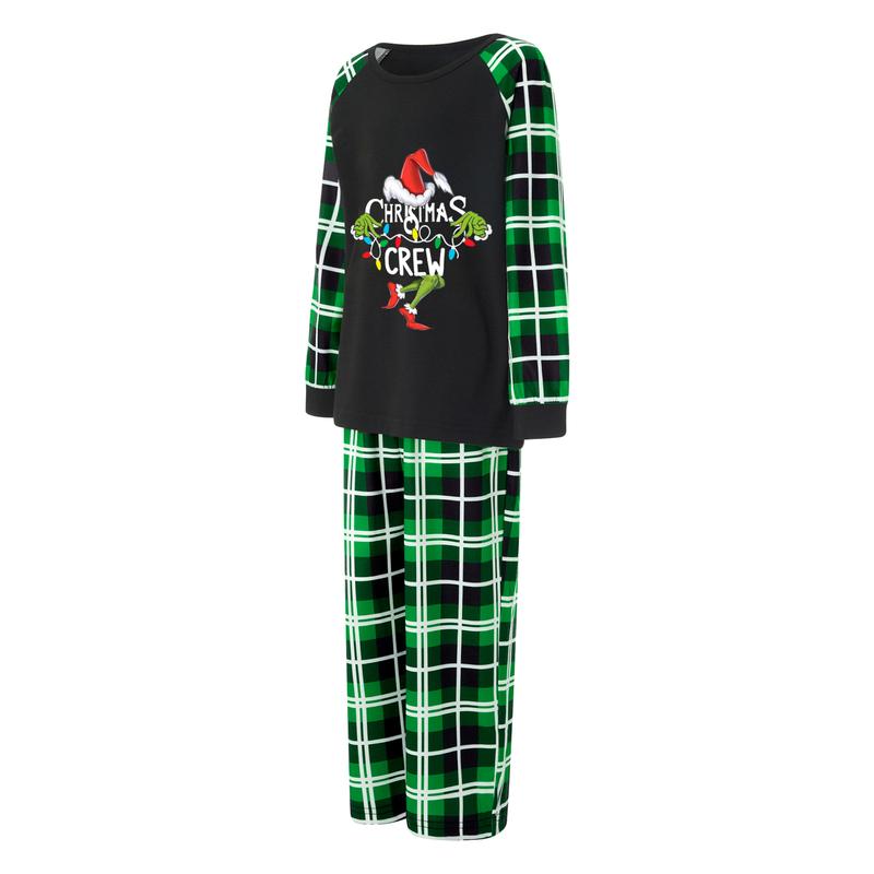 Christmas Pajamas For Family Christmas Family Pajamas Matching Set Letter Santa Hat Green Monster Print Long Sleeve Tops and Plaid Pants Sleepwear