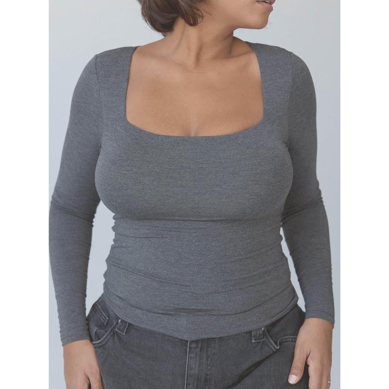 Solid Square Neck Braless Long Sleeve Women's Top