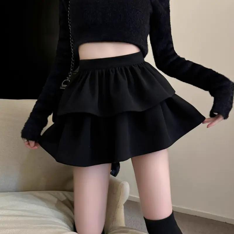 Preppy Style Women's Sweet Mini Skirt Elastic Waist Cute All-Match Cake Skirt Solid Trendy Skirt Shorts Autumn Casual Y2K Skirt2024