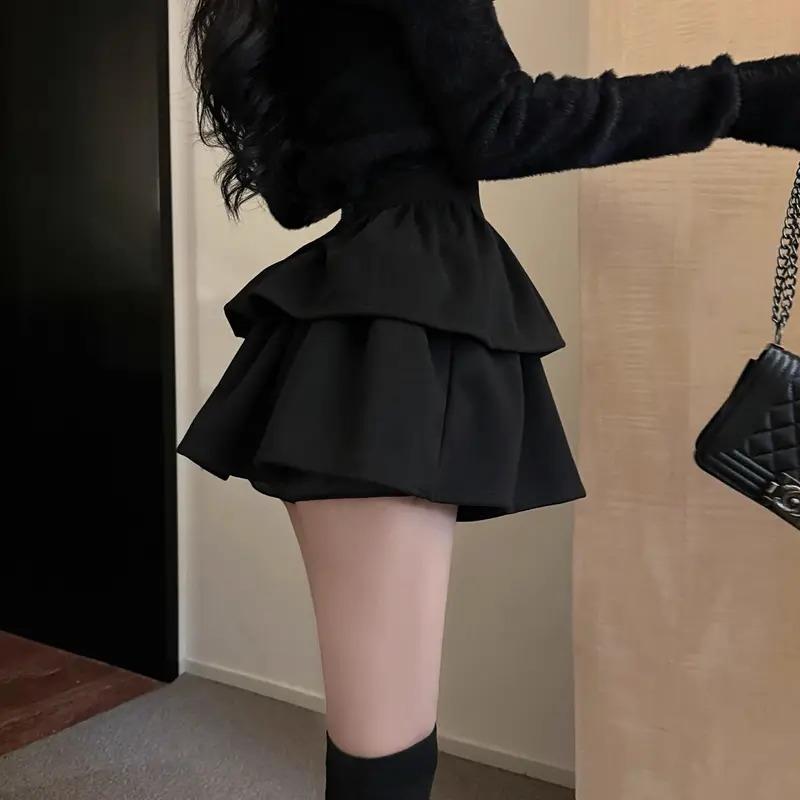 Preppy Style Women's Sweet Mini Skirt Elastic Waist Cute All-Match Cake Skirt Solid Trendy Skirt Shorts Autumn Casual Y2K Skirt2024