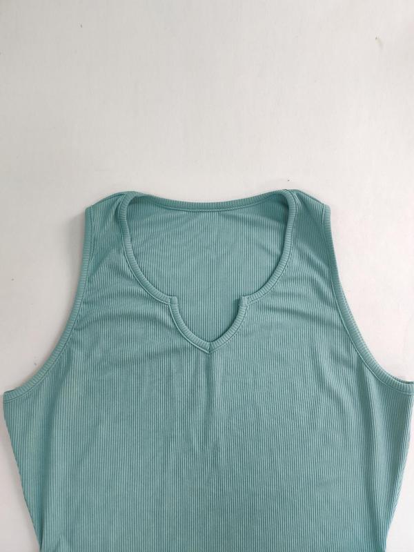 Women's Solid Notched Neck Ribbed Tank Top, Casual Sleeveless Top for Summer, Ladies Clothes for Daily Wear