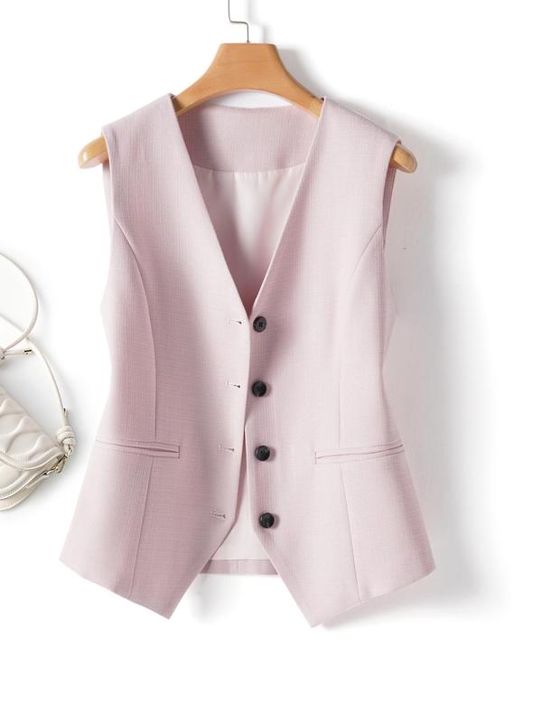 Women's Solid Button Front Fake Pocket Vest Blazer, Elegant V Neck Sleeveless Outerwear for Work Office Business, Ladies Spring & Fall Clothes