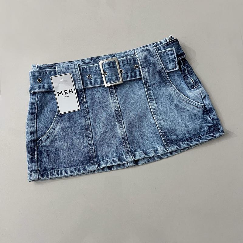 Y2K Blue Denim Skirt Harajuku Casual Low Waist Mini Sexy Hip Skirt Gothic Adjustable Fake Belt Solid Color Skirt Womens Clothing