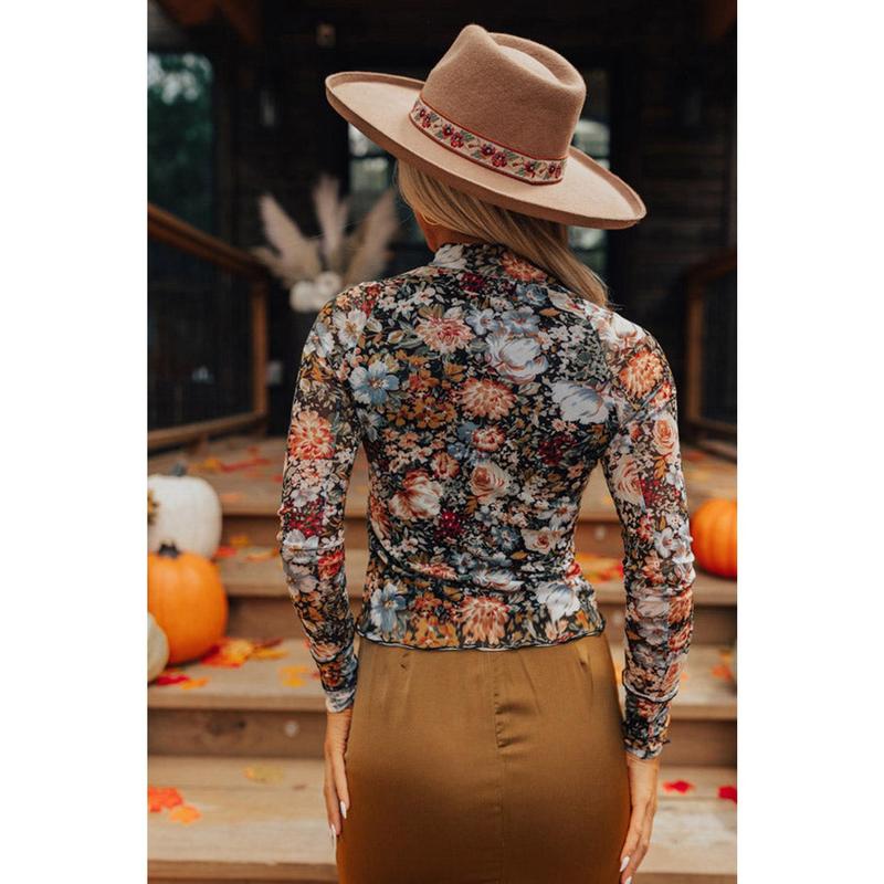 Brown Floral Long Sleeve High Neck Sheath Mesh Blouse