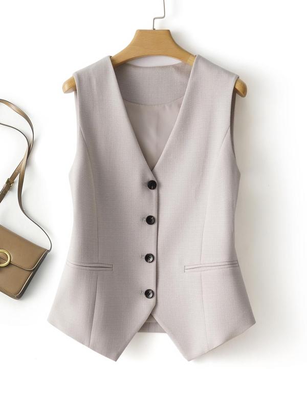 Women's Solid Button Front Fake Pocket Vest Blazer, Elegant V Neck Sleeveless Outerwear for Work Office Business, Ladies Spring & Fall Clothes