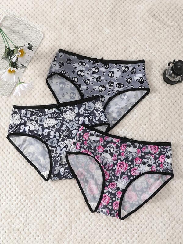 Women's Skull & Floral Print Bow Front Knicker, Casual Comfy Breathable Panty for Daily Wear, Ladies Underwear for All Seasons