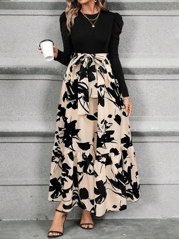 Women's Floral Print Tie Front Ruffle Hem A Line Skirt, Elegant Long Sleeve Round Neck Skirt for Spring & Fall, Women's Clothing for Daily Wear