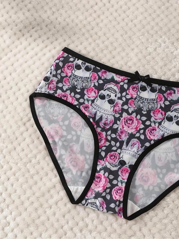 Women's Skull & Floral Print Bow Front Knicker, Casual Comfy Breathable Panty for Daily Wear, Ladies Underwear for All Seasons